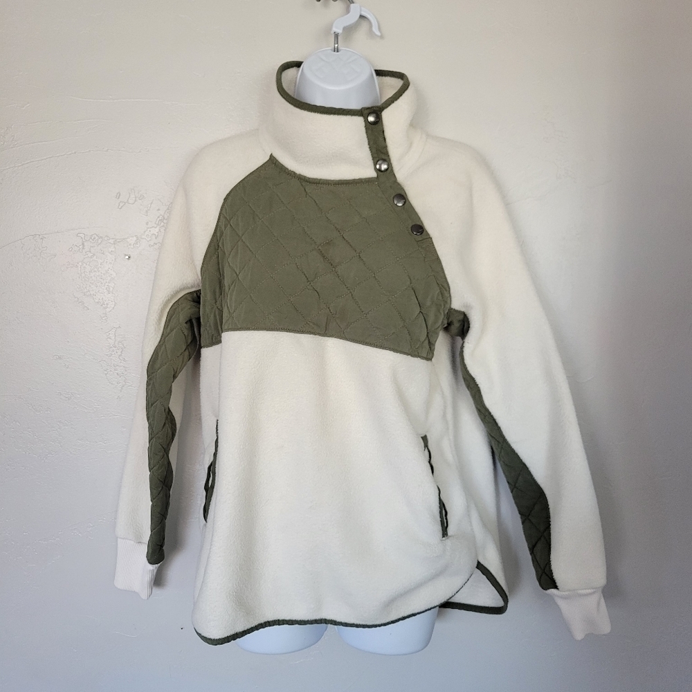 Abercrombie & Fitch Fleece Pullover Mockneck Ivory White Green Snap Neck Pocket